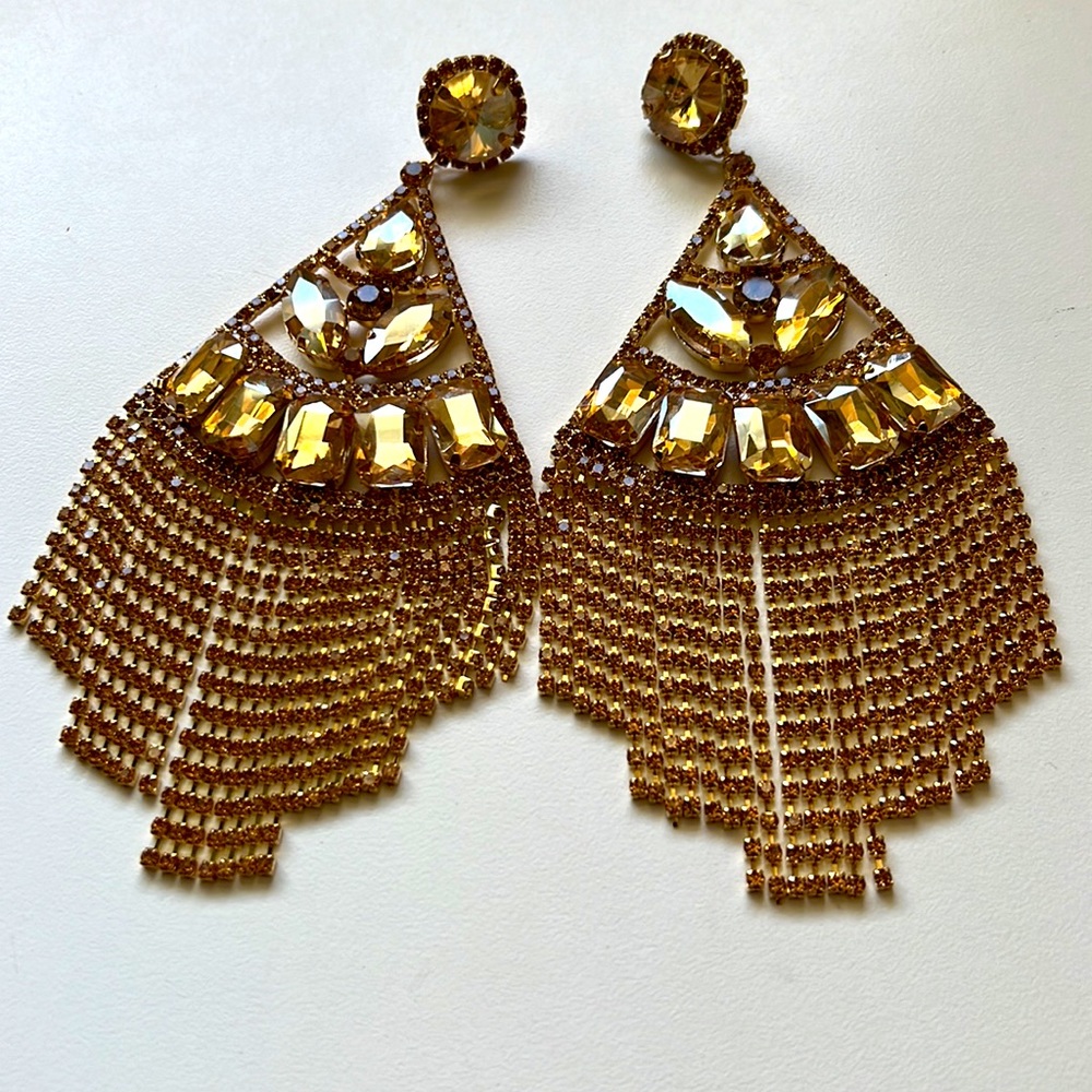 Huge gold sparkle rhinestone fancy large drop earrings - Picture 3 of 8